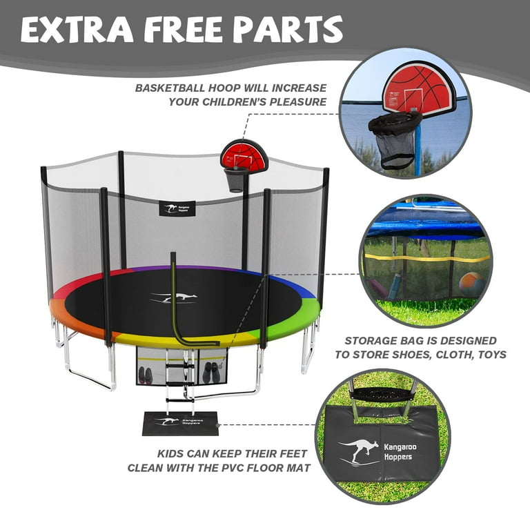 Kangaroo Hoppers 12FT Trampoline- Safety Net, Basketball Hoop