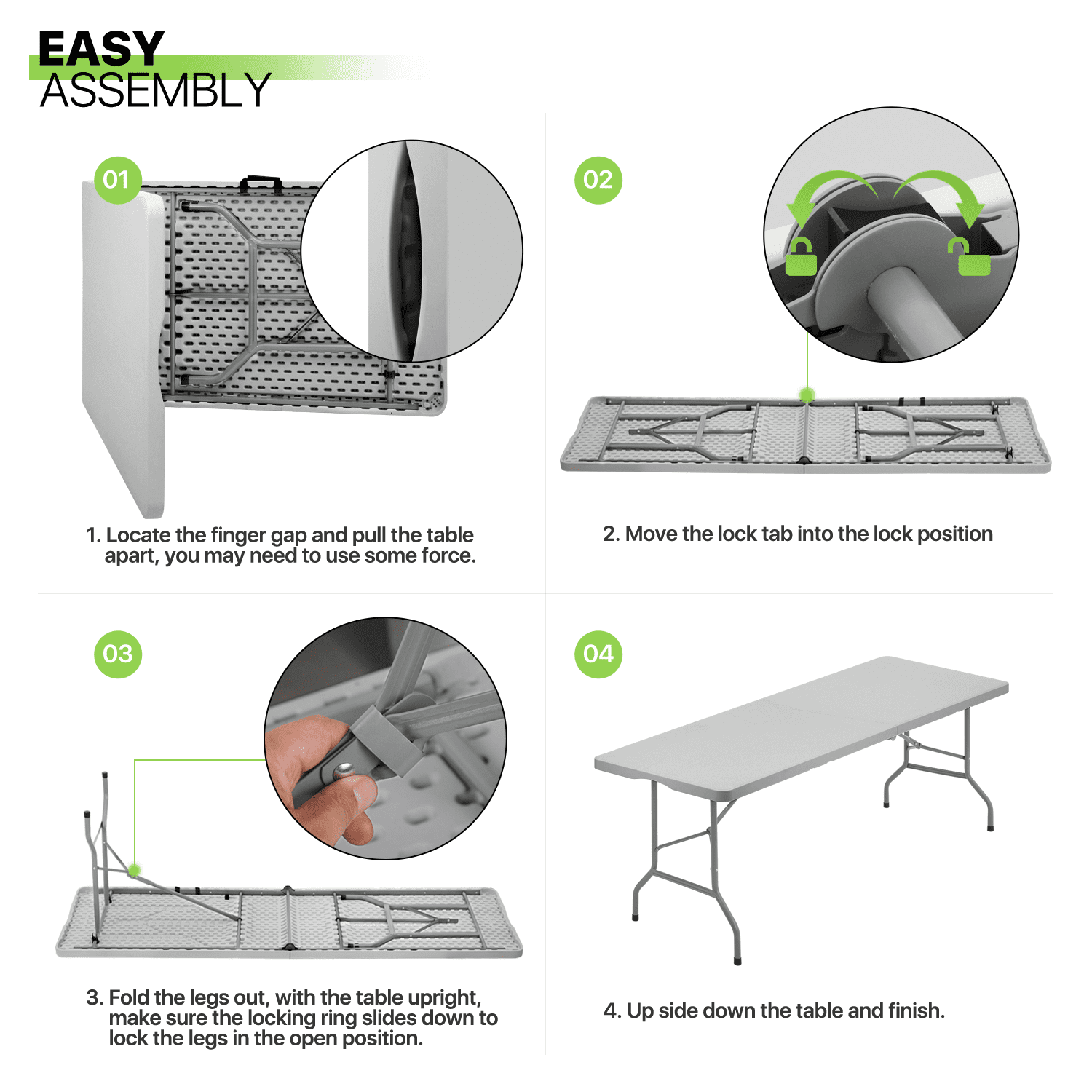 folding table finger gap location side view plastic clip notch