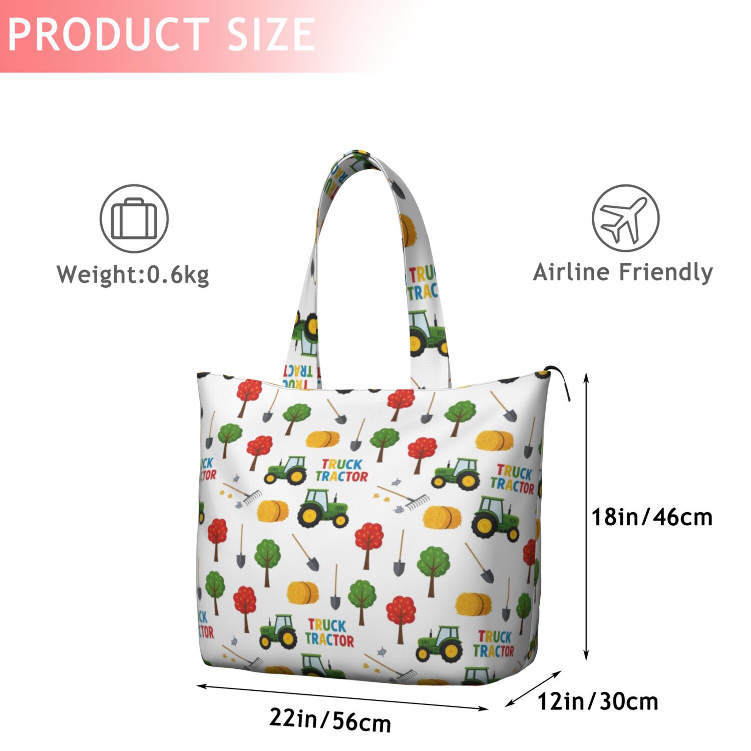 Cartoon Tractors Hay Bales White Pattern Travel Tote Bags for Women Carry On,Large Weekender Bags for Women Travel,Multi Functional Duffle Bag for Work,Shopping,Sports