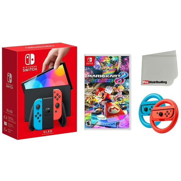 Nintendo Switch OLED Neon Console with Mario Kart 8, Steering Wheel Set and Screen Cleaning Cloth Bundle