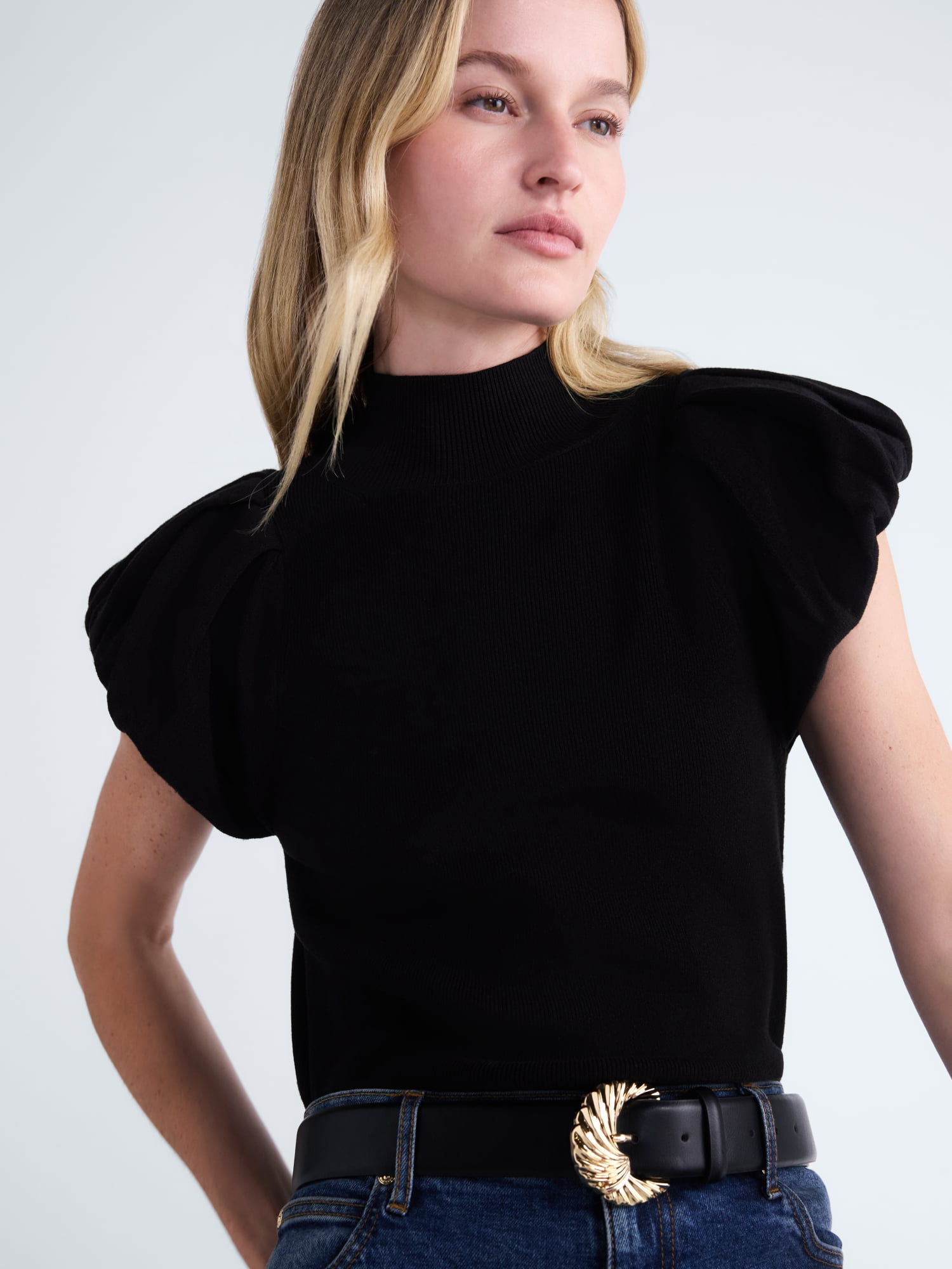 Scoop Women's Mock Neck Top with Bubble Cap Sleeves, Sizes XS-XXL