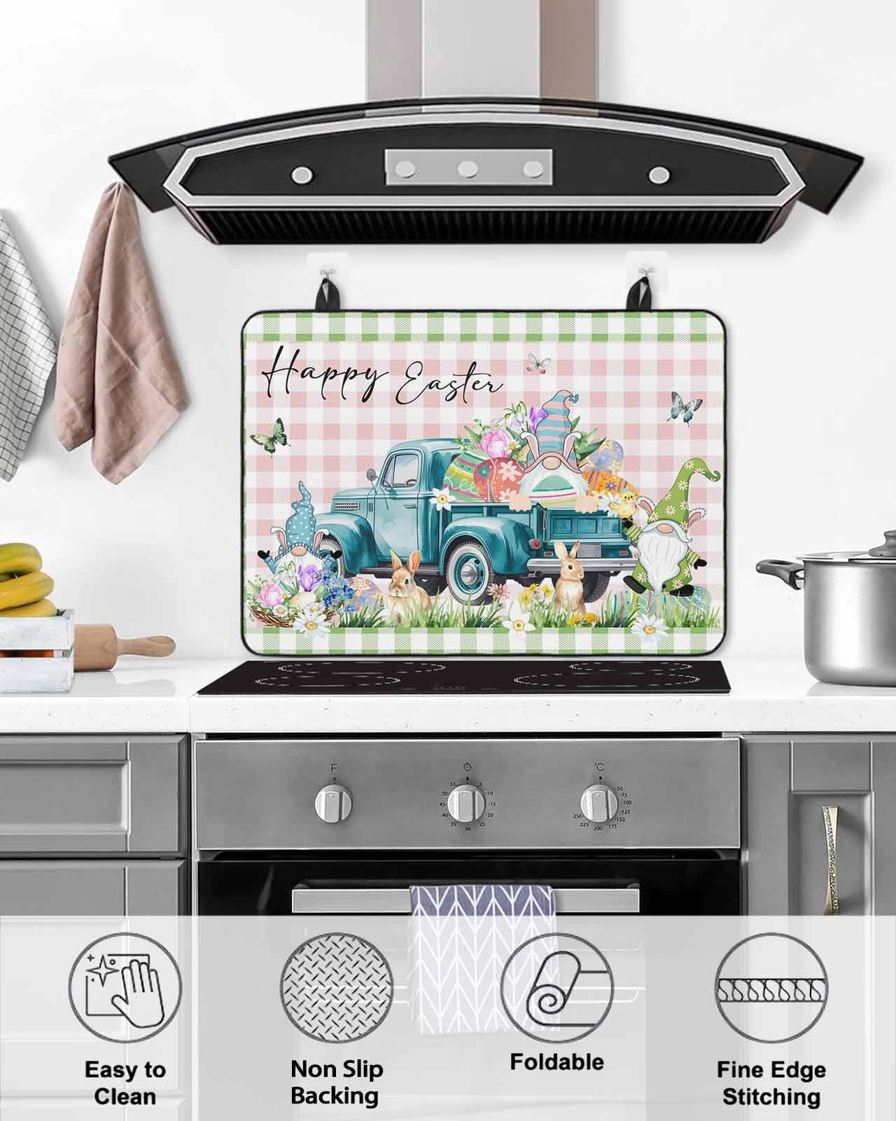 Large Induction Cooktop Protector Mat Easter Stove Top Covers for Electric Stove, Green Pink Plaid Blue Truck Eggs Bunny Pastoral Decorative Stove Burner Cover Mats, Glass Top Stove Cover