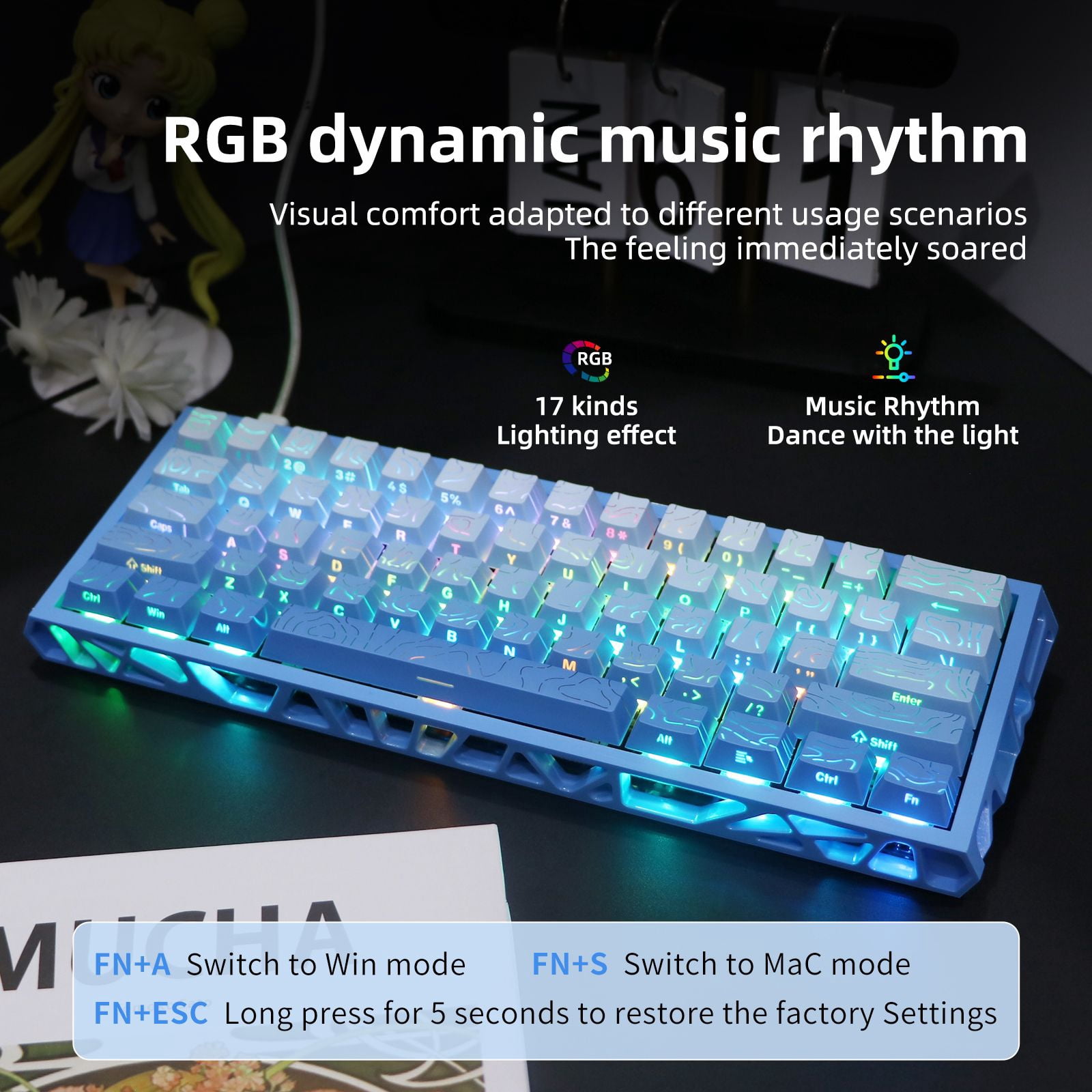 61 Keys Mechanical Keyboard, 60% Layout, Hollow Shell in 6 Colors, RGB Backlit, Full N-Key Rollover, Hot-Swappable Linear Red Switch, Backlit PBT Keycaps