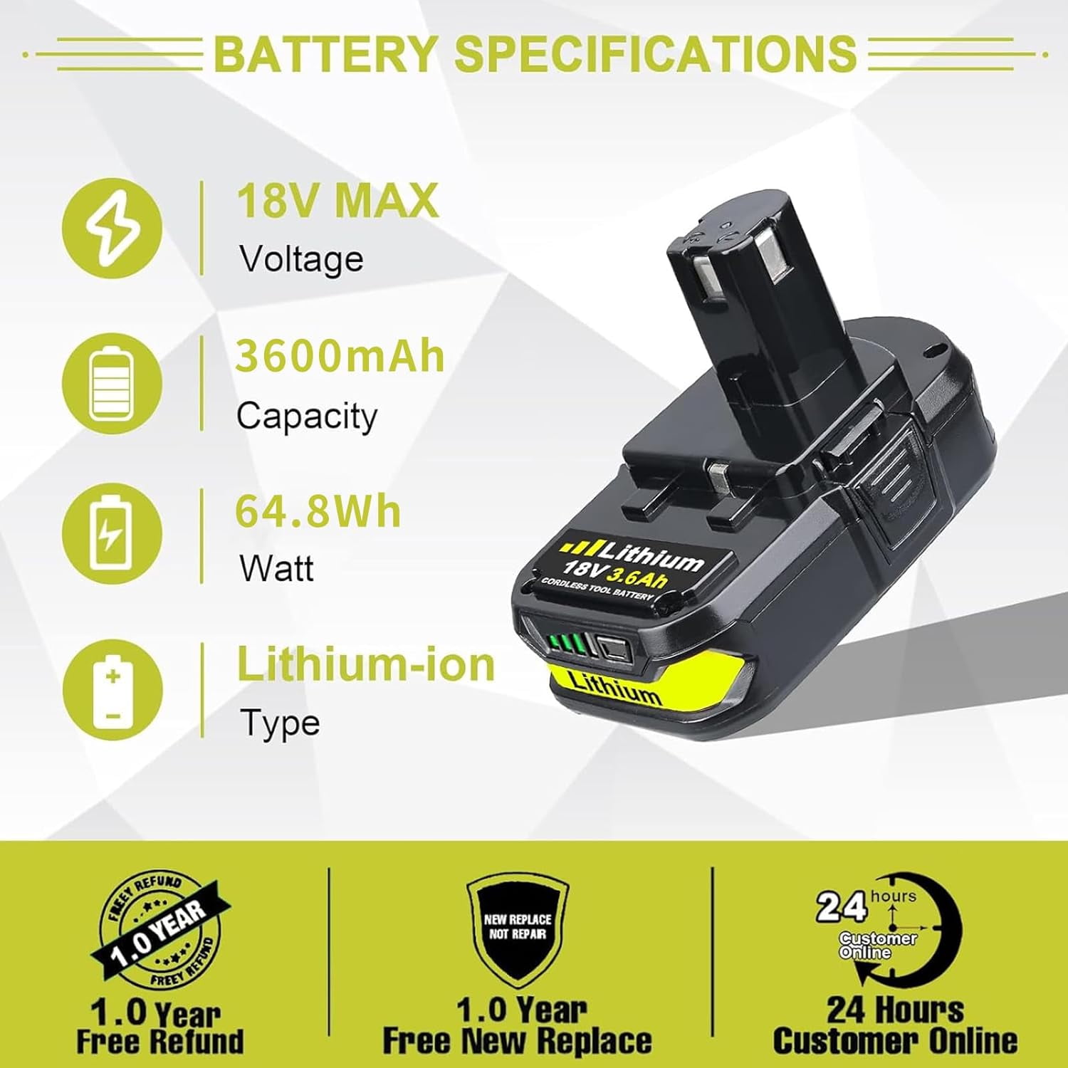 2Pack 18V 3.6AH P102 Lithium-Ion Battery Replacement for Ryobi 18V P108 P107