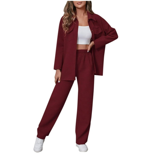 ameIAEA Women's 2 Piece Outfit Long Sleeve Button Down Collared Shirts Wide Leg Pants Fall Sets