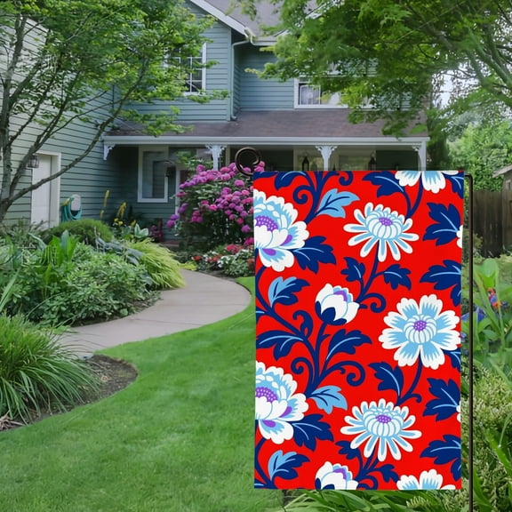 Spring Summer Garden Flag Double Sided Red and Blue Chinoiserie Floral Welcome Yard House Outside Outdoor Decoration,12*18 inch
