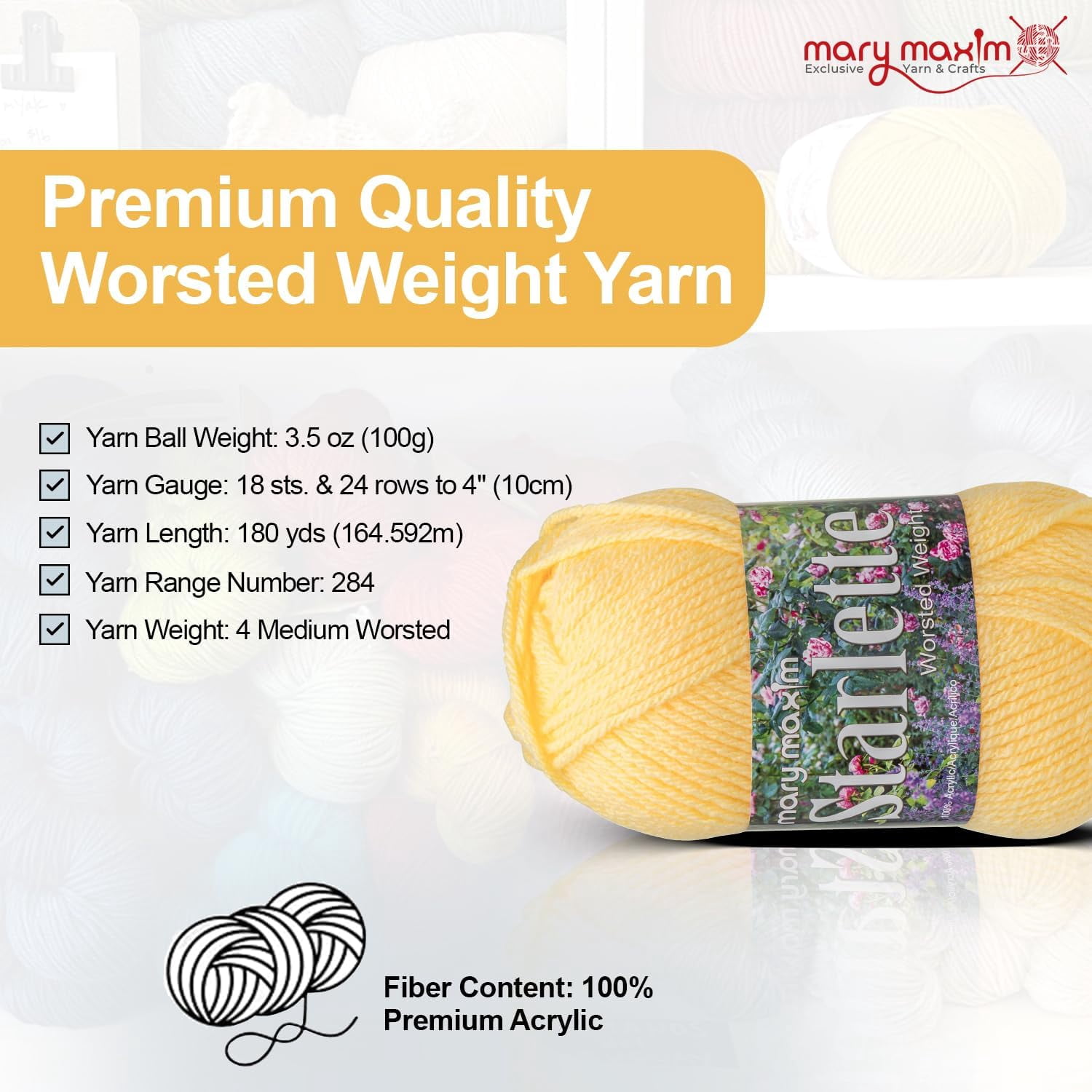 Mary Maxim Starlette Knitting Crochet Yarn, Acrylic Worsted Weight Yarn, Soft Yellow Yarn