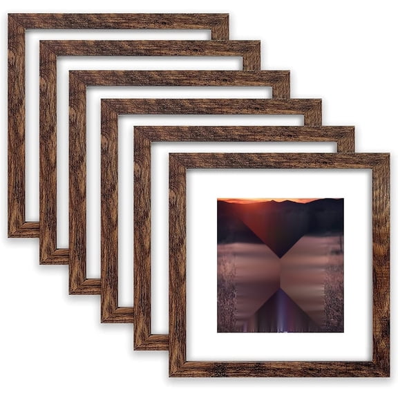 PLERISE 8x8 Picture Frame Set of 6 – Rustic Brown Wood Frames, Display 5x5 Photos with Mat or 8x8 Without Mat, Multi Photo Collage Frames for Wall Décor