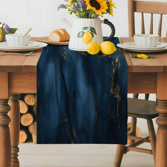 Navy Blue Stone with Gold Stripe Table Runner Dresser Scarf,Kitchen Dining Table Decoration Abstract Marble Texture Linen Table Runners for Home Wedding Indoor Outdoor Party,13x70in