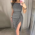thumbnail image 2 of LYXSSBYX Summer Casual Womens Dresses Short Sleeved Women Off Shoulder High Slit Tight Casual Solid Sexy Short Sleeve Dress, 2 of 6