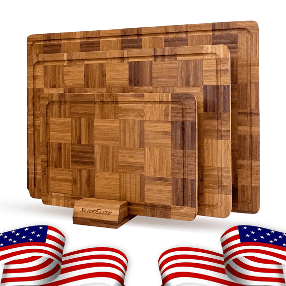 SliceElite 3-Piece Extra Large End Grain Bamboo Cutting Board Set with Holder