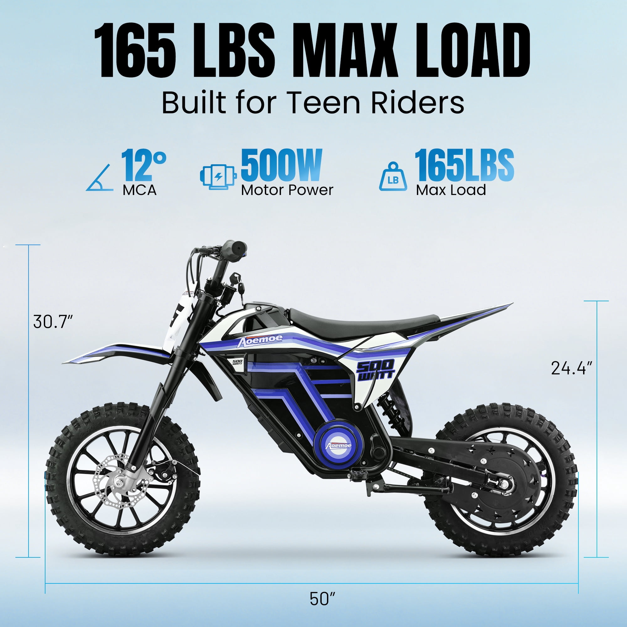 Aoemoe Motorcycle, Motorized Dirt Bikes for kids 8-14, 36V 500W – 15 MPH Top Speed, Dual Suspension, Blue