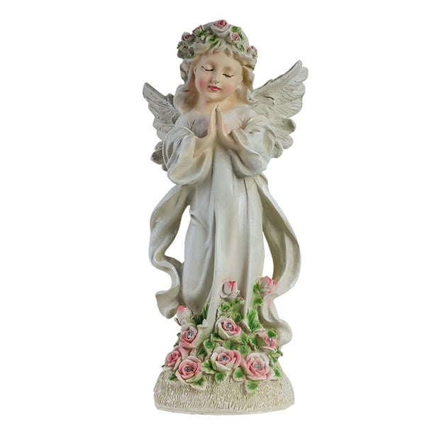 Escultura de ángel rezando con luz solar, estatua de hada de las flores de resina luminosa, decoración (A)