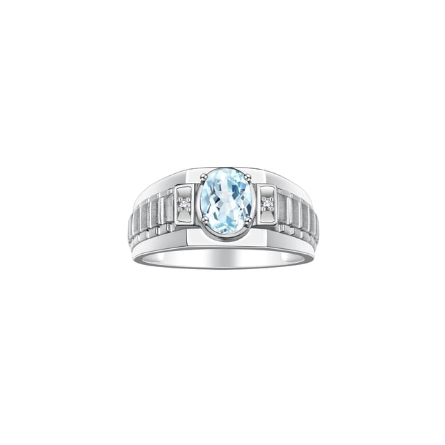 RYLOS Men's Rings 14K White Gold Ring Classic Designer Style 8X6MM Oval Gemstone & Diamond Ring Aquamarine Birthstone Rings For Men Size 9