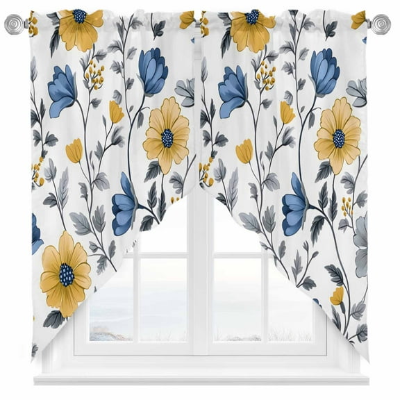 Yellow Blue Floral Swag Valances for Windows 2 Pack Vintage Leaf Swag Kitchen Curtains 36 Inches Long Rod Pocket Short Window Treatment for Kitchen Bathroom 28"x36"