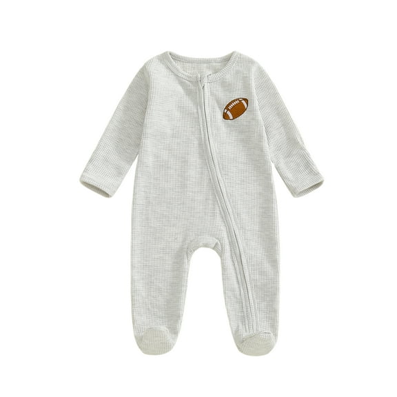 Gzhioc Newborn Baby Boy Footed Romper Football Embroidery Long Sleeve Round Neck Zip Jumpsuit
