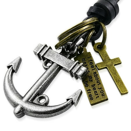 - Antique Vintage Anchor Cross Ring Inspirational Charm Adjustable Black Leather Necklace