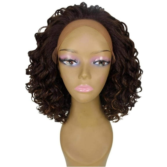 LUXLUXE Candace Curly 13 Inch Long 4X4 Women's Lace Front Wig, Heat Resistant Fiber,Brown with Caramel Highlights