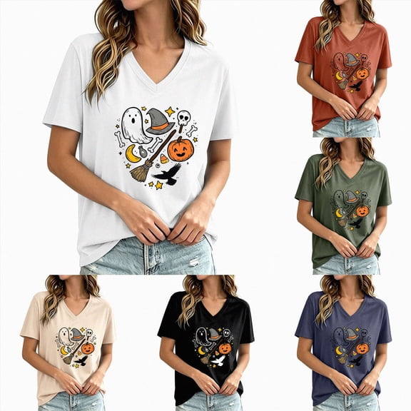 UOCUFY Women Fall T-Shirt V Neck Halloween Pumpkin Shirts Cute Autumn Thanksgiving Graphic Tee Tops