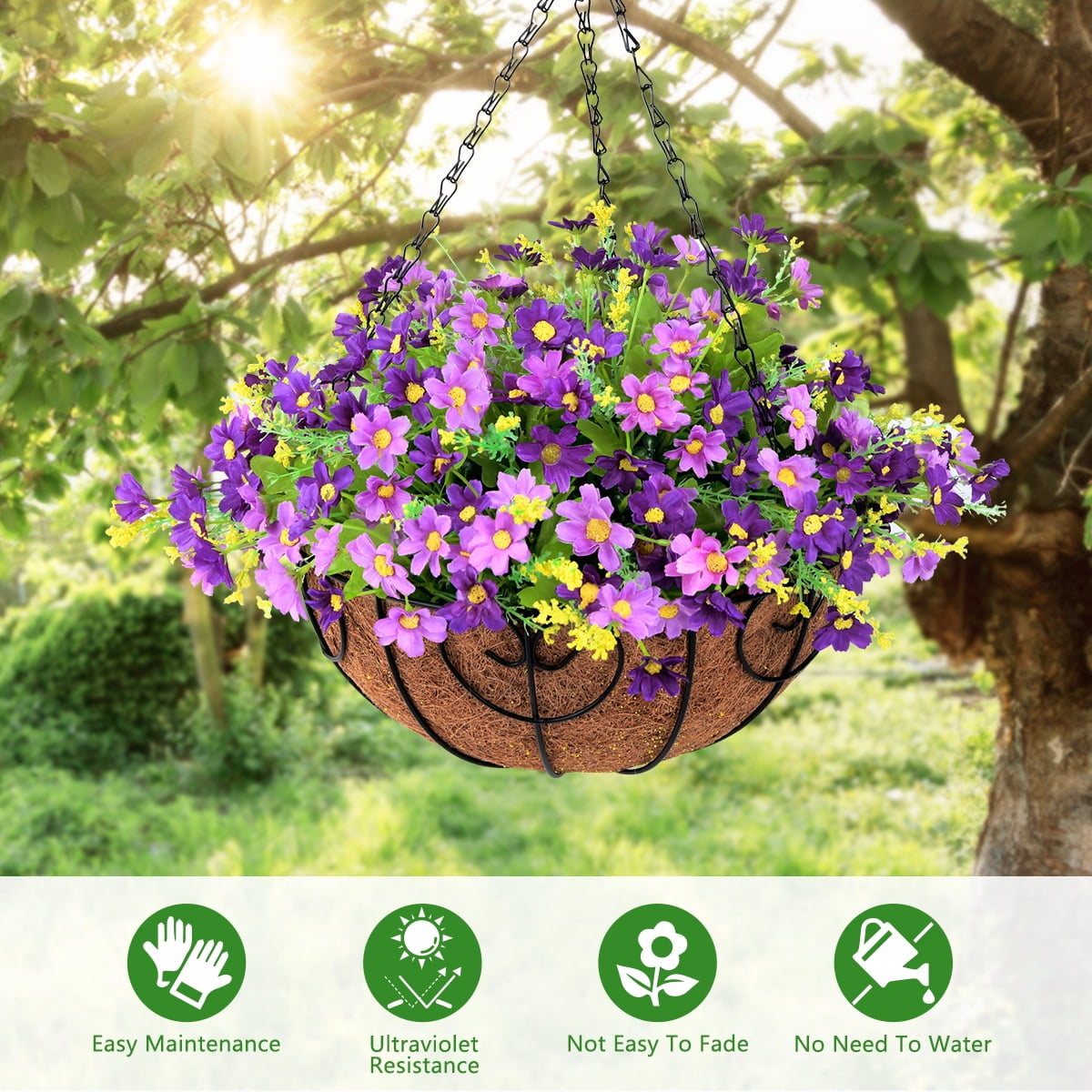 Artificial Hanging Flowers in Basket Outdoor Indoor Patio Lawn Garden Decor, Hanging Daisy Basket with 12inch Coconut Lining Chain Flowerpot (Purple)