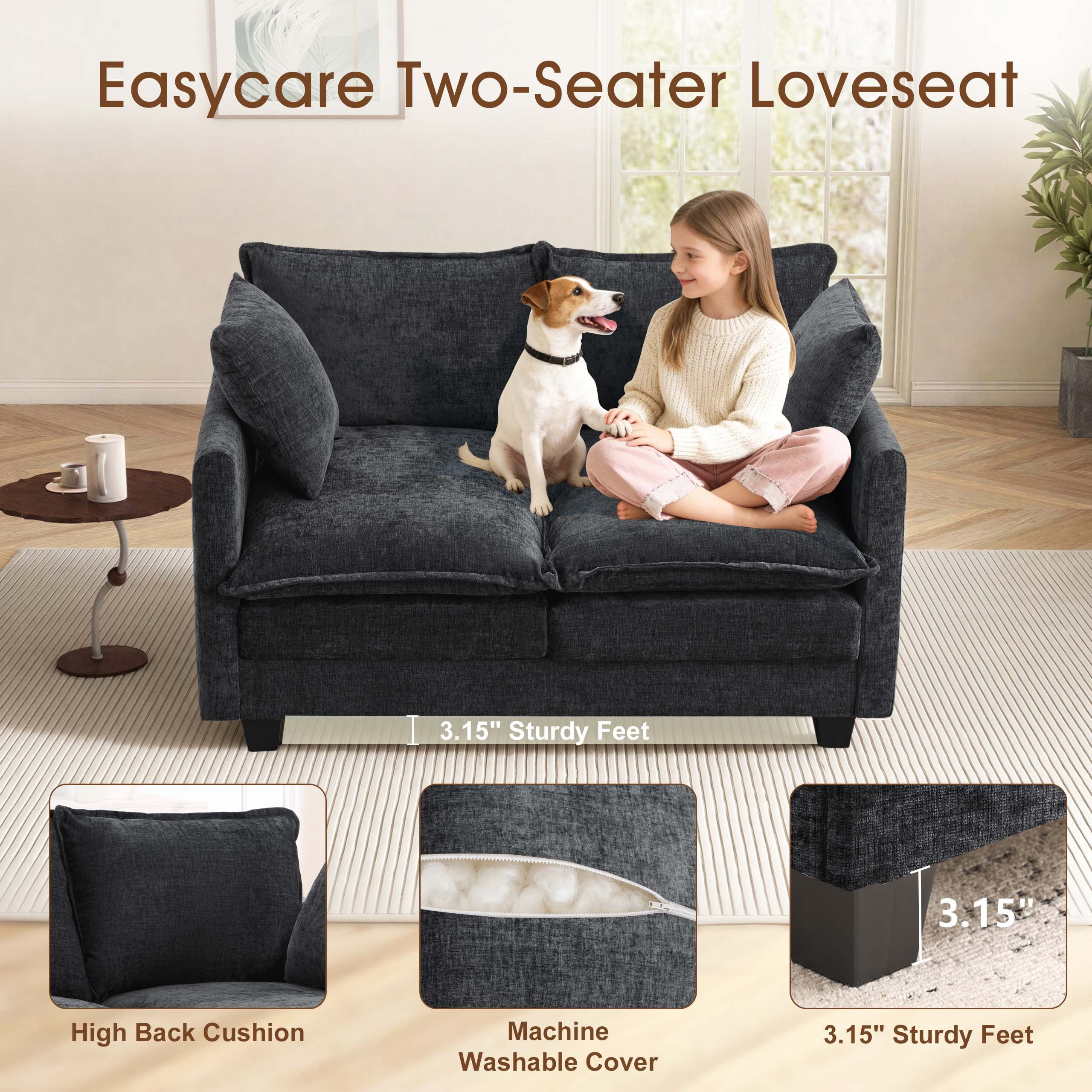 Dioepic 50" Loveseat Sofa Deep Seat Chenille Fabric with 2 Pillows for Living Room and Small Spaces, Black