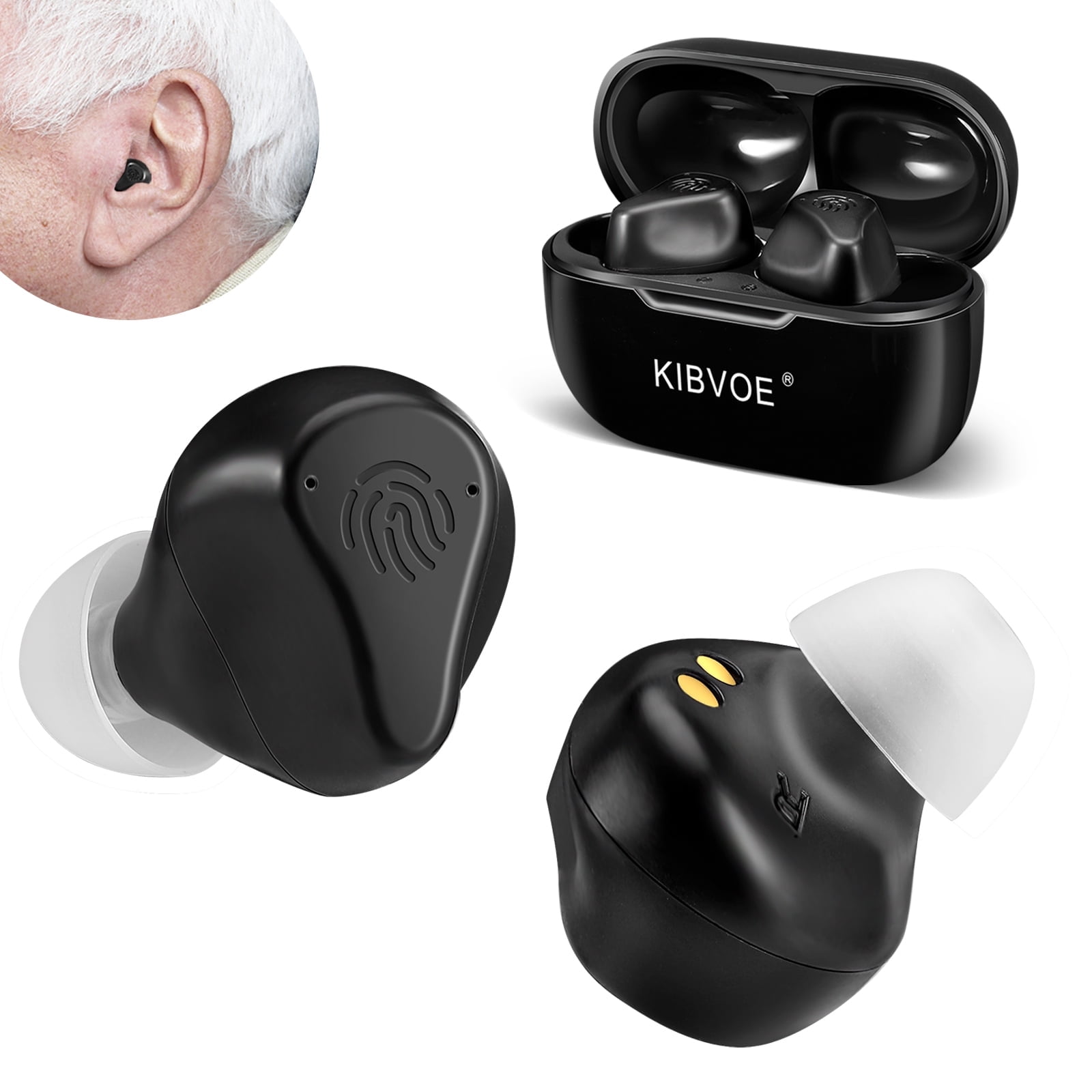 Digital Sound Amplifiers for Ears with Noise Cancelling, Rechargeable Mini Personal Sound Amplifiers TV Earbuds with Portable Charging Box, Suitable for Adults, Elderly, Pair (Black)