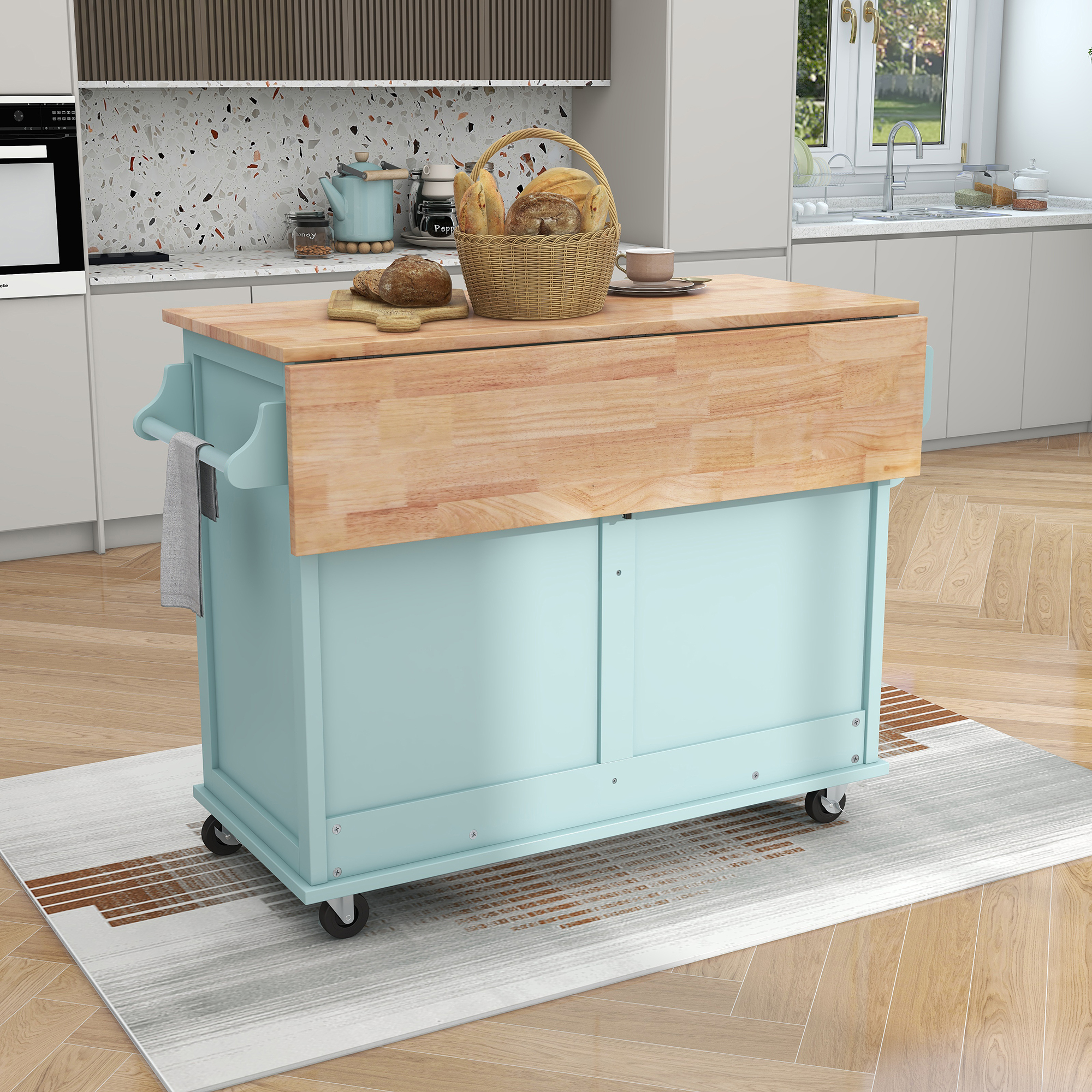 DEALTOPS 52.2 inch Kitchen Cart with Rubber Wood Drop-Leaf Countertop, Concealed Sliding Barn Door Adjustable Height, Kitchen Island on 4 Wheels with Storage Cabinet and 2 Drawers-Green