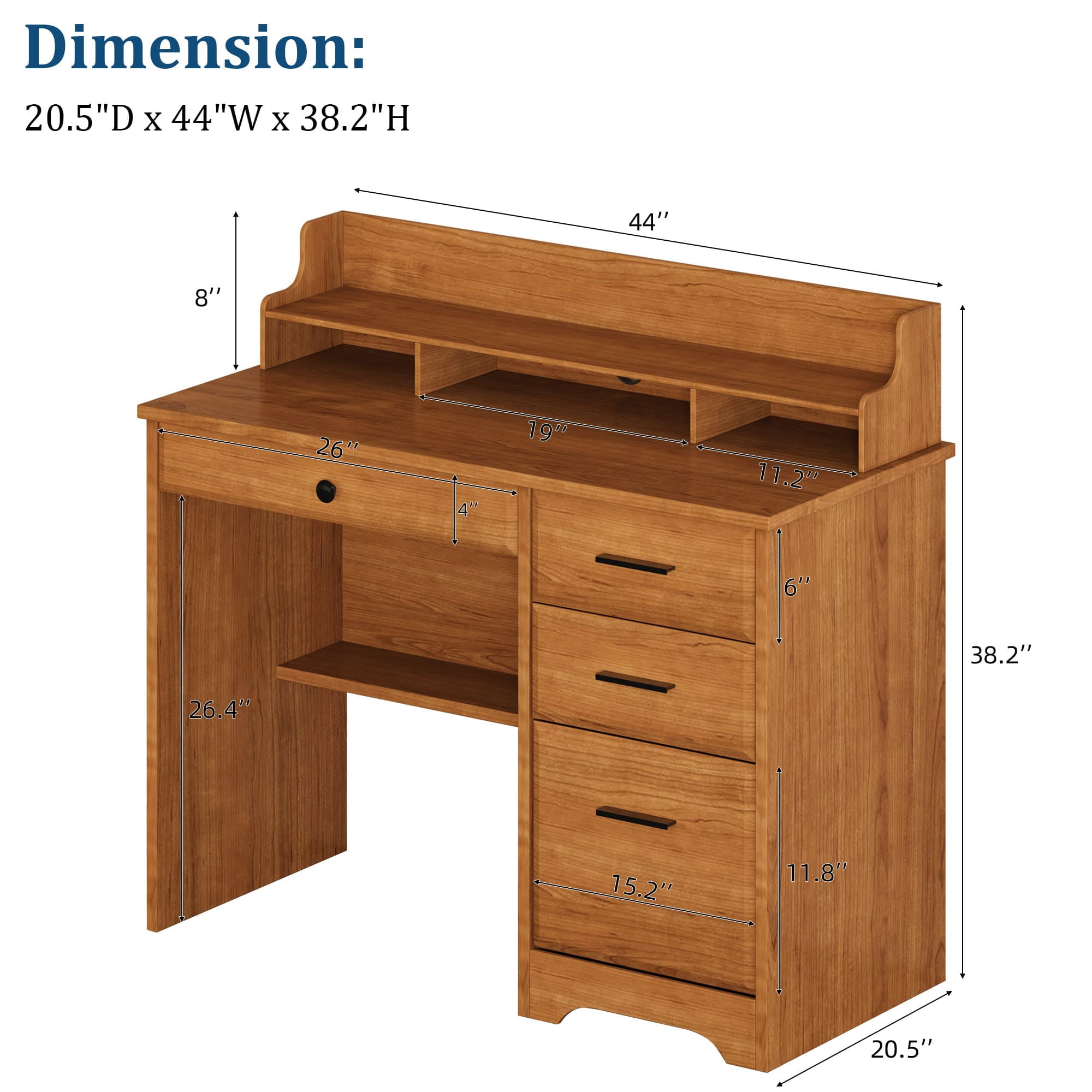 4 EVER WINNER Computer Desk with Drawers & Monitor Stand for Small Spaces, Wood Home Office Desk with File Cabinet, Writing Study Table for Bedroom Home Office, Brown