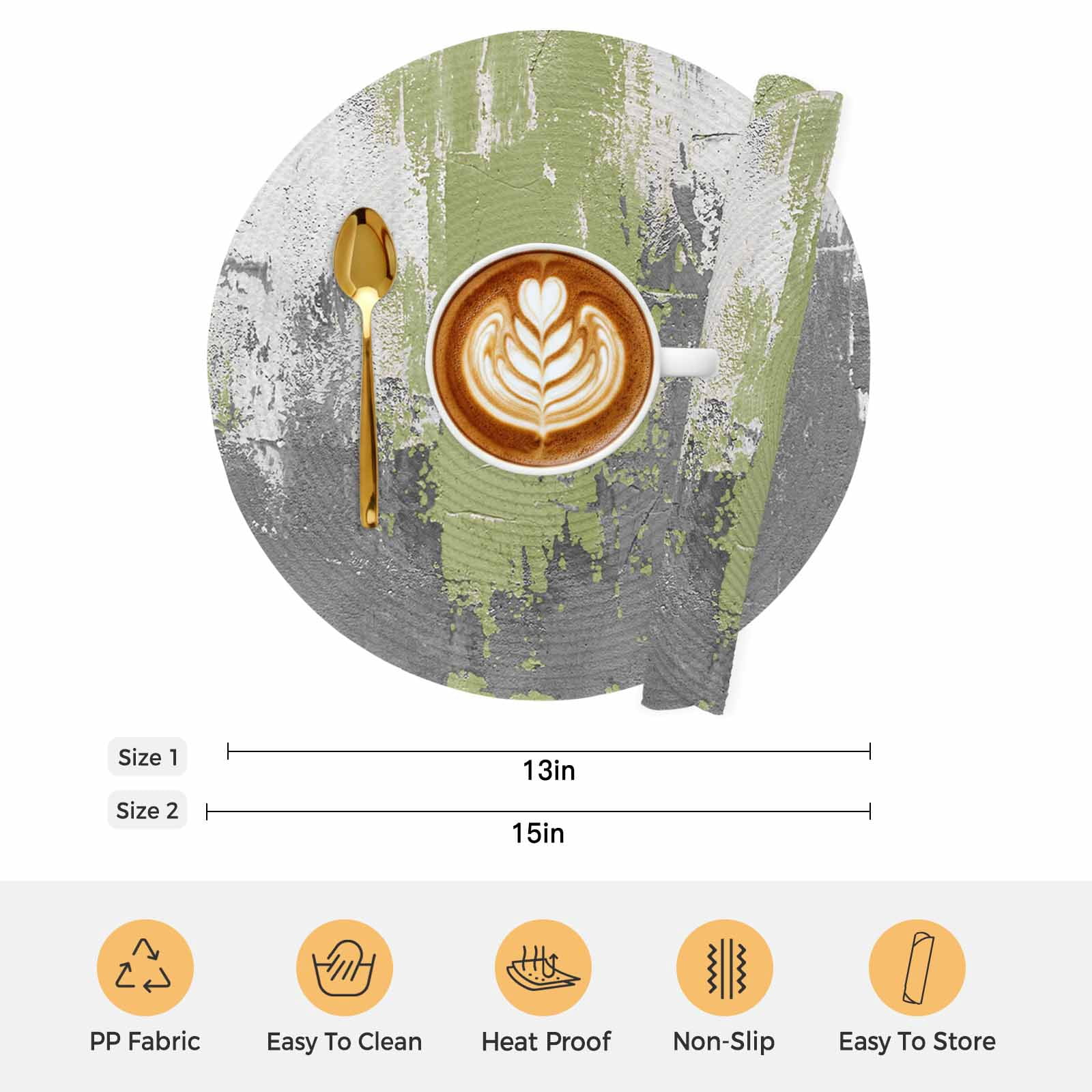 Sage Green Cement Gray Round 13 Inch Placemats Set of 2, Modern Abstract Art Green HeatResistant Non Slip Place Mats for Dining Table, Wipeable Braided Kitchen Table Mats for Housewarming