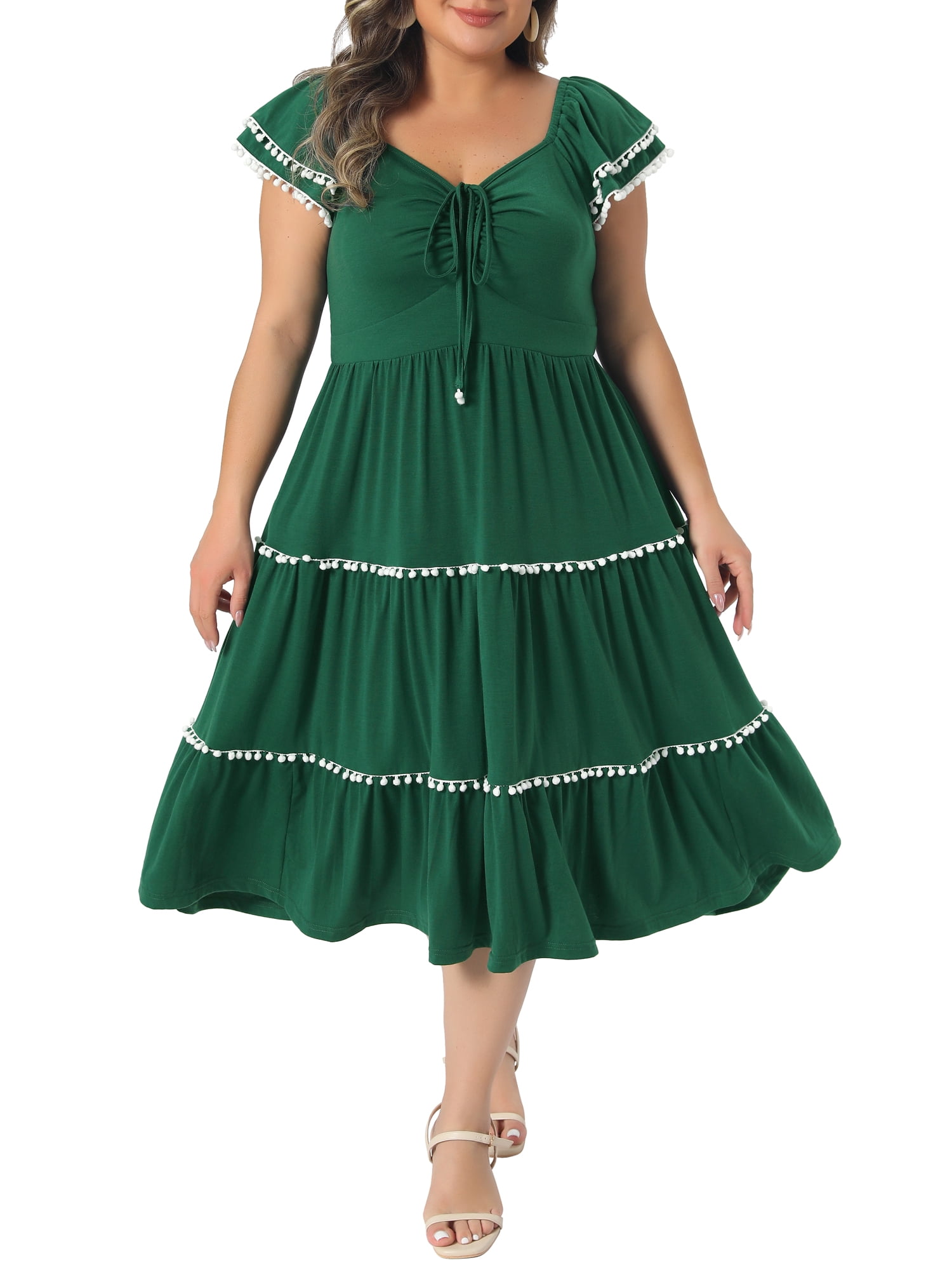 DARING DIVA Women's Plus Women's Boho Dress Ruffled Sweetheart Neck 2X Dark Green