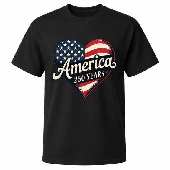 America 250 Years Patriotic Heart Graphic T-Shirt, Unisex Classic Fit, 180 GSM Cotton or Cotton-Poly, Front Print
