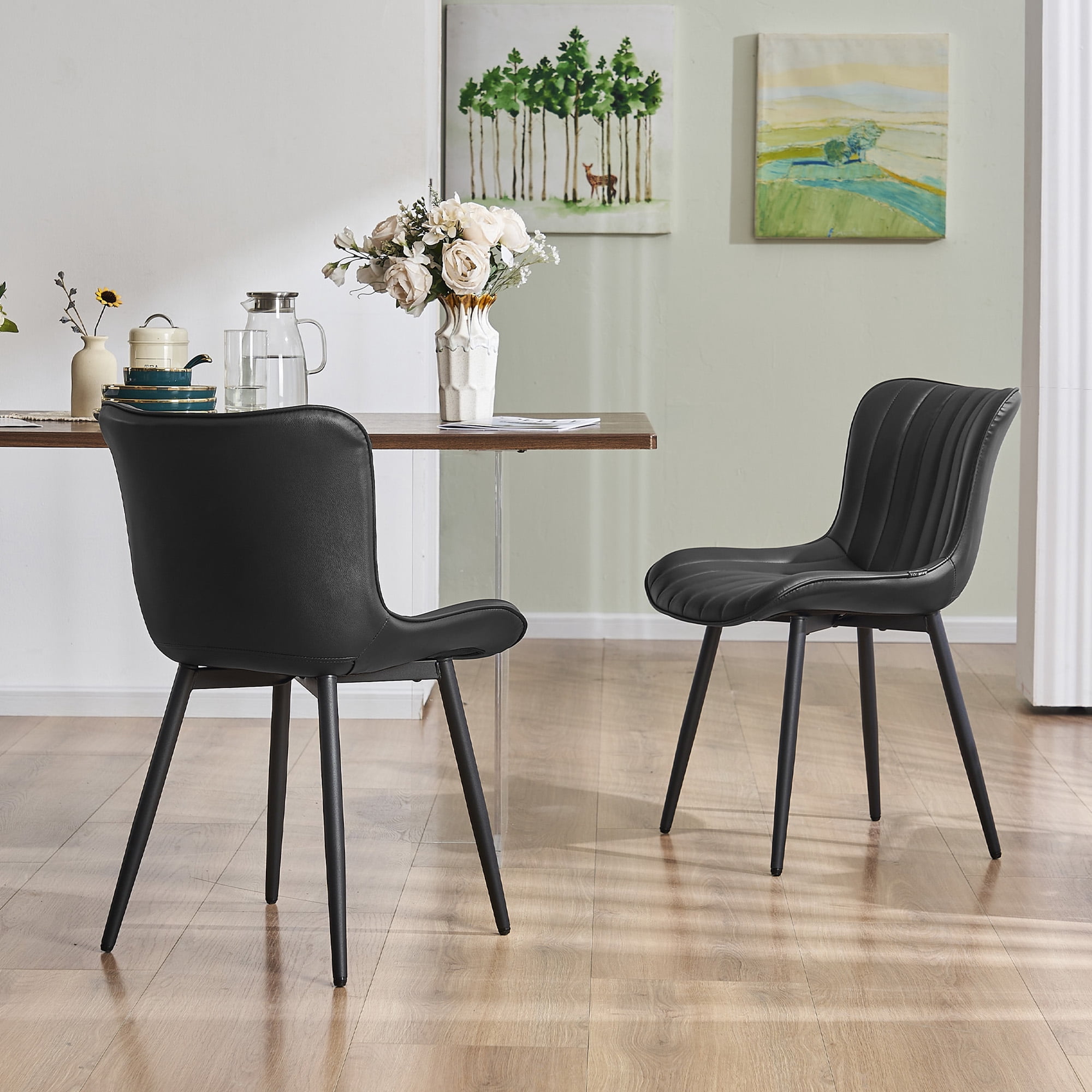 YOUNIKE Soft Dining Chair Set of 2 Black PU Leather Upholstered Full Back Side Chair