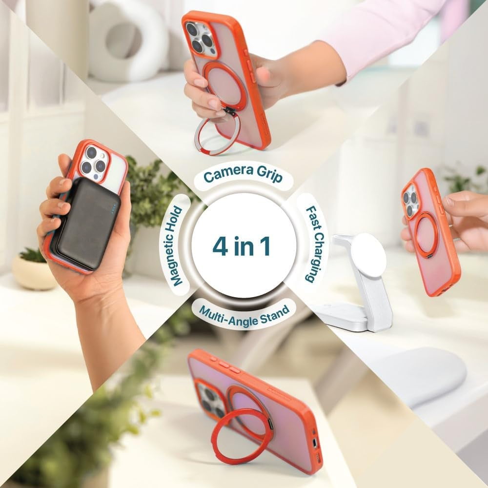 BLACK+DECKER 360°Spin Magnetic Stand for iPhone 16 Pro Case, Compatible with MagSafe Protective Stylish for iPhone 16 Pro Case for Women, Ostand Kickstand Rotatable, Lanyard, Extra Buttons, Coral