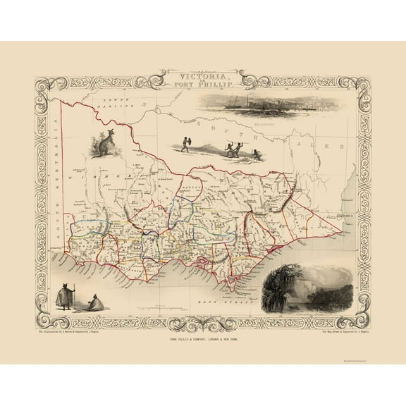 Historic Map - Victoria Australia - Tallis 1851 - 23 x 28.83 - Vintage Wall Art