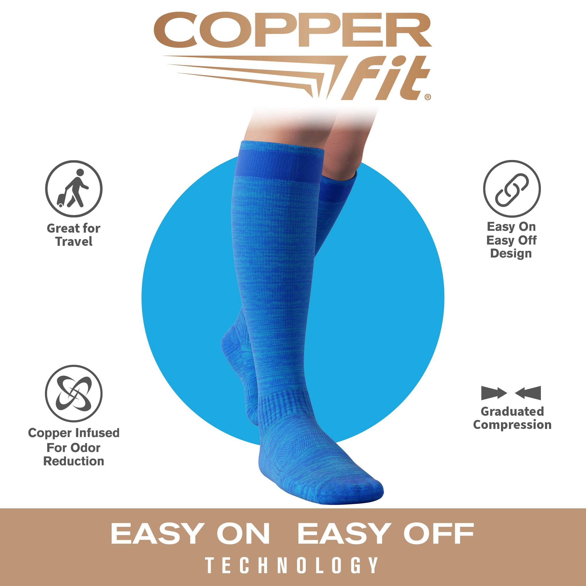 Copper Fit® Compression Socks, Copper Infused Easy-On/Off, 1-pair, Unisex, Heather Blue, S/M