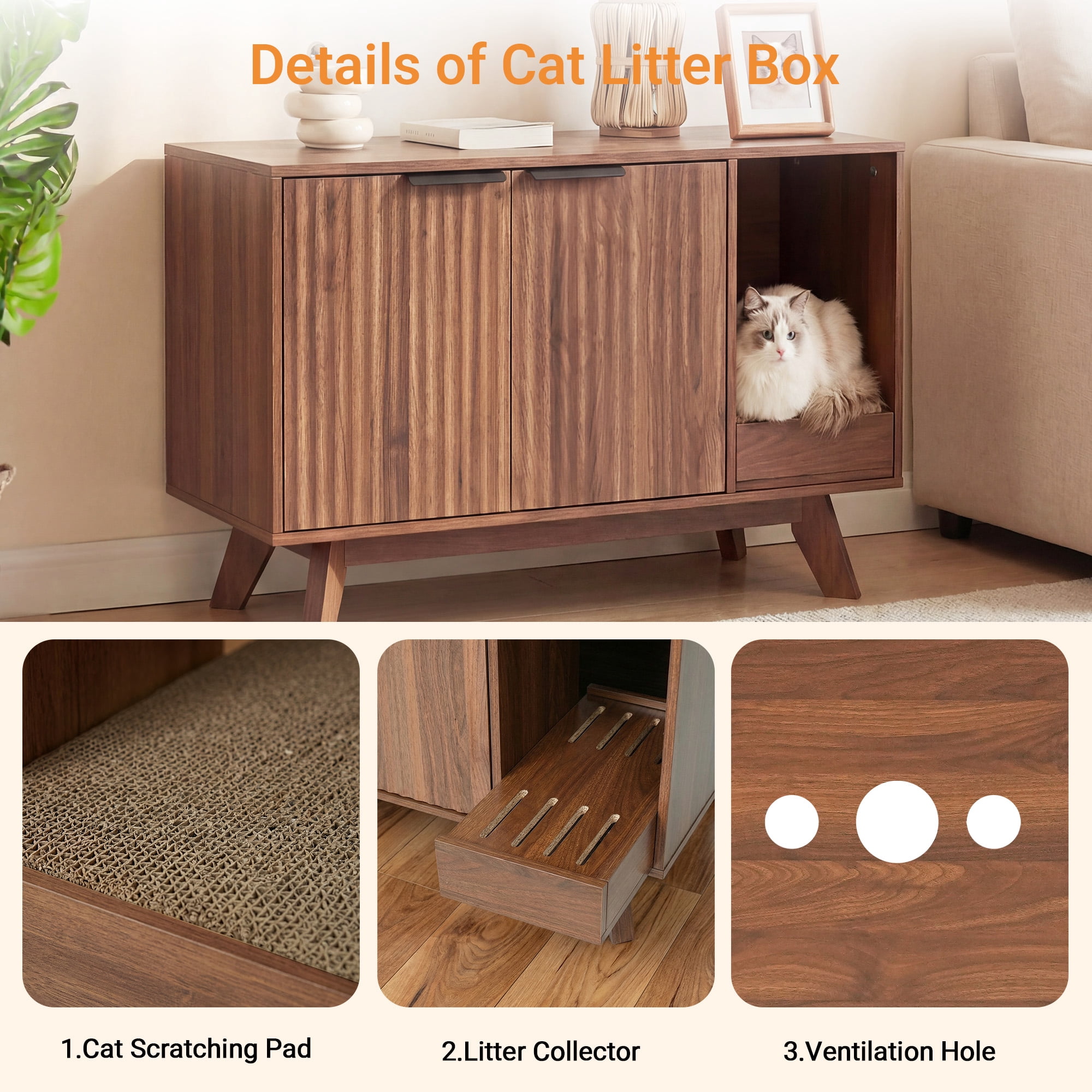 Innovar Modern Cat Litter Box Enclosure - 31.5" Hidden Cat Litter Box Furniture for 2 Cats, Indoors Cats Washroom Cabinet with Divider & Scratching Pad for Most Cat Litter Box,Walnut