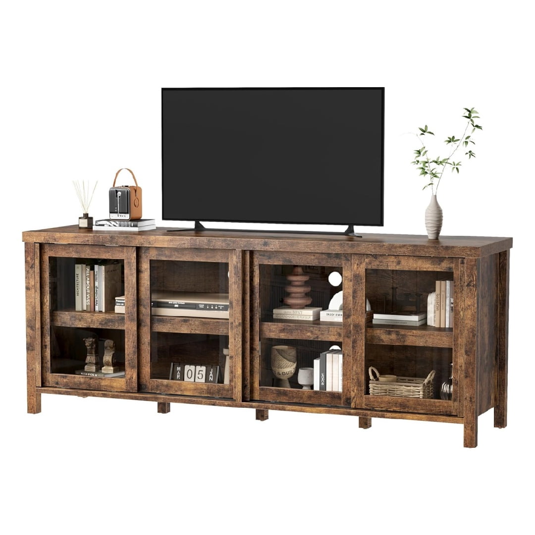 TV Stand for 65 Inch, Entertainment Center with Storage Cabinet and 4 Sliding Glass Doors, Mid Century Modern Media TV Console Table for Living Room Bedroom