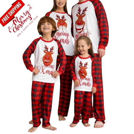 

Gueuusu Christmas Pajamas for Family-Family Christmas Pjs Matching Sets Cartoon Elk Letter Print Long Sleeve Tops + Plaid Pants / Baby Romper