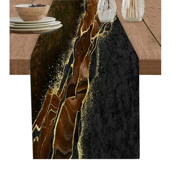 Table Runner Dresser Scarves 90 Inch Long, Wild Abstract Peacock Stone Agate Linen Dining Table Runners Brown Black Marble with Gold Line Tabletop Scarf for Wedding Holiday Party Kitchen