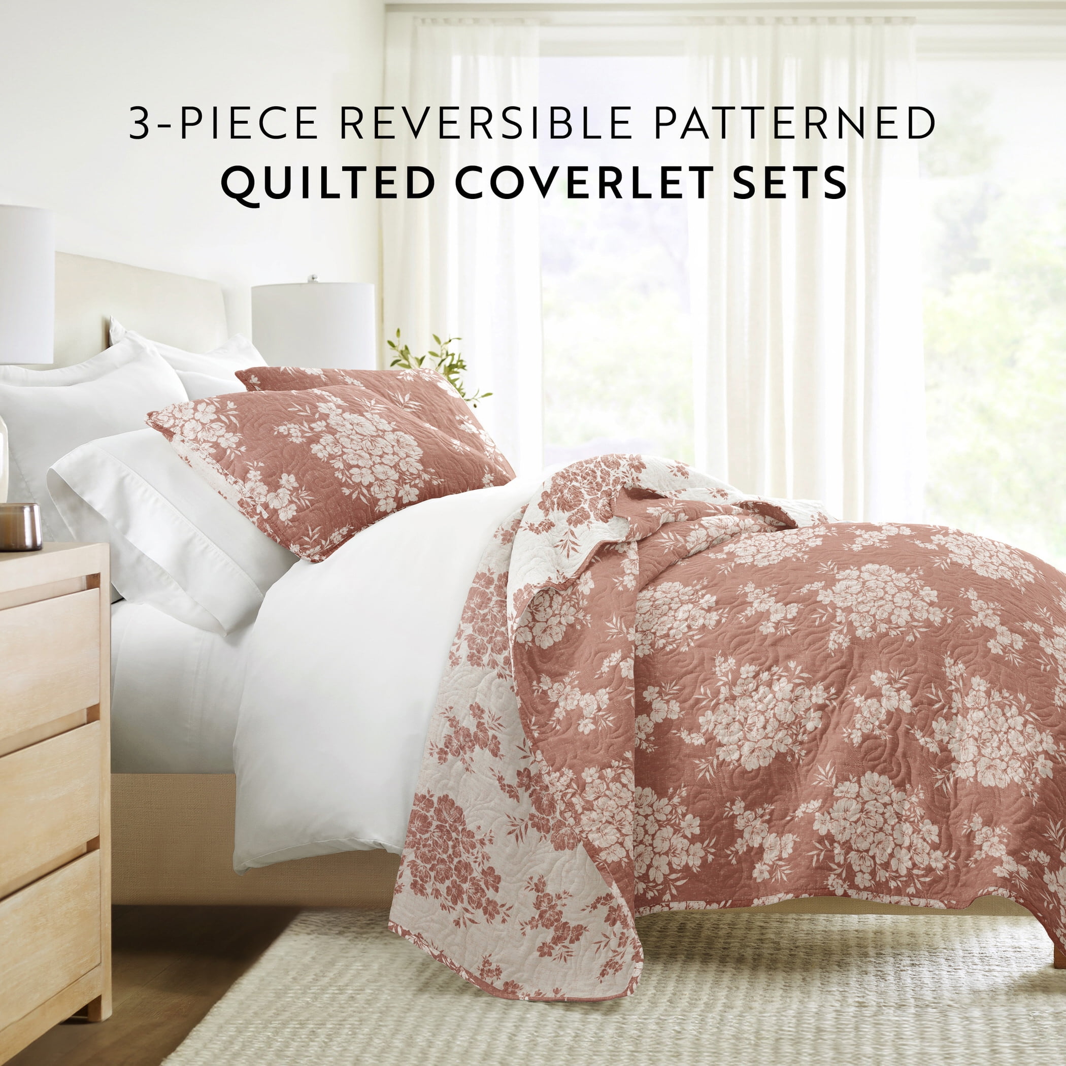Noble Linens 3-Piece Terracotta Distressed Bouquet Reversible Quilt Set, Twin