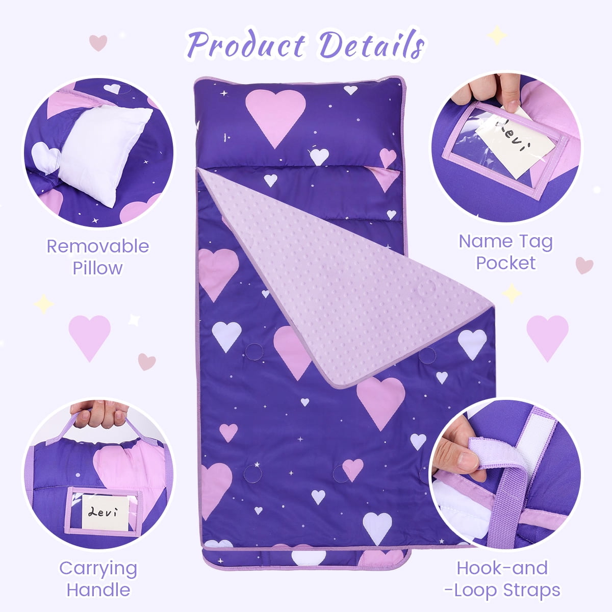 Toddler Nap Mat, Caveen Sleeping Bag with Blanket and Removable Pillow, Portable Slumber Bags for Daycare and Travel, Easy to Roll, 55"x22", Purple