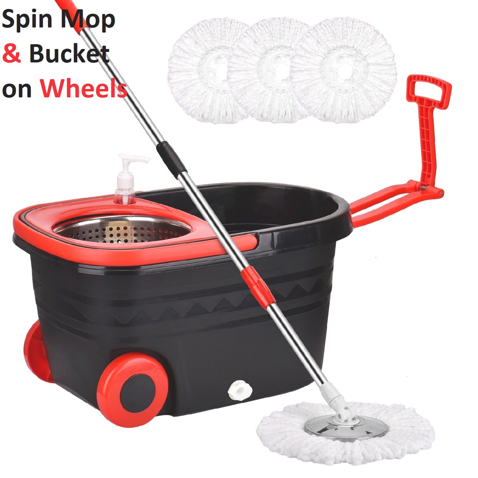 PULNDA Spin Mop & Bucket System, Mop and Bucket Wringer Set, Easy Wring Mop Bucket Wheels, 360 Degrees Stainless Steel Spin Mop with Extra Refills, Black & Red - Walmart.com