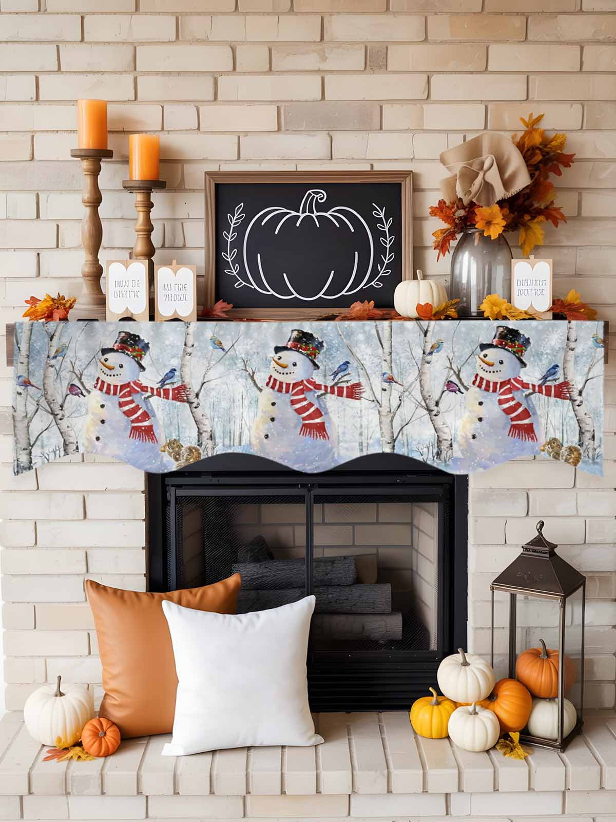 Christmas Snowman Fireplace Mantle Scarf Winter Forster Squirrels Xmas Bird Snowfall Mantel Cover Runner Fireplace Cloth for Holiday Party Home Living Room Decor 70 x 17 Inch