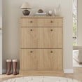thumbnail image 4 of Fluted Shoe Storage Cabinet with 2 Flip Drawers & Top Drawer, 42" Tall Narrow Shoe Organizer, Curved Profile Design, Wooden Shoe Rack for Entryway, Hallway - Natural Oak, 4 of 7