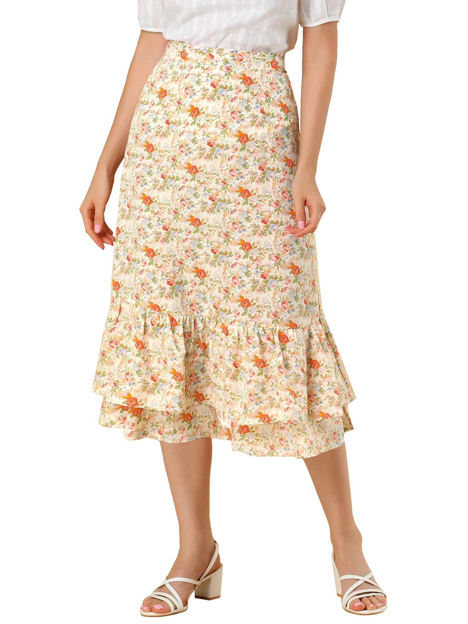 Allegra K Juniors Floral Print Elastic High Waist Ruffled Hem Zipper