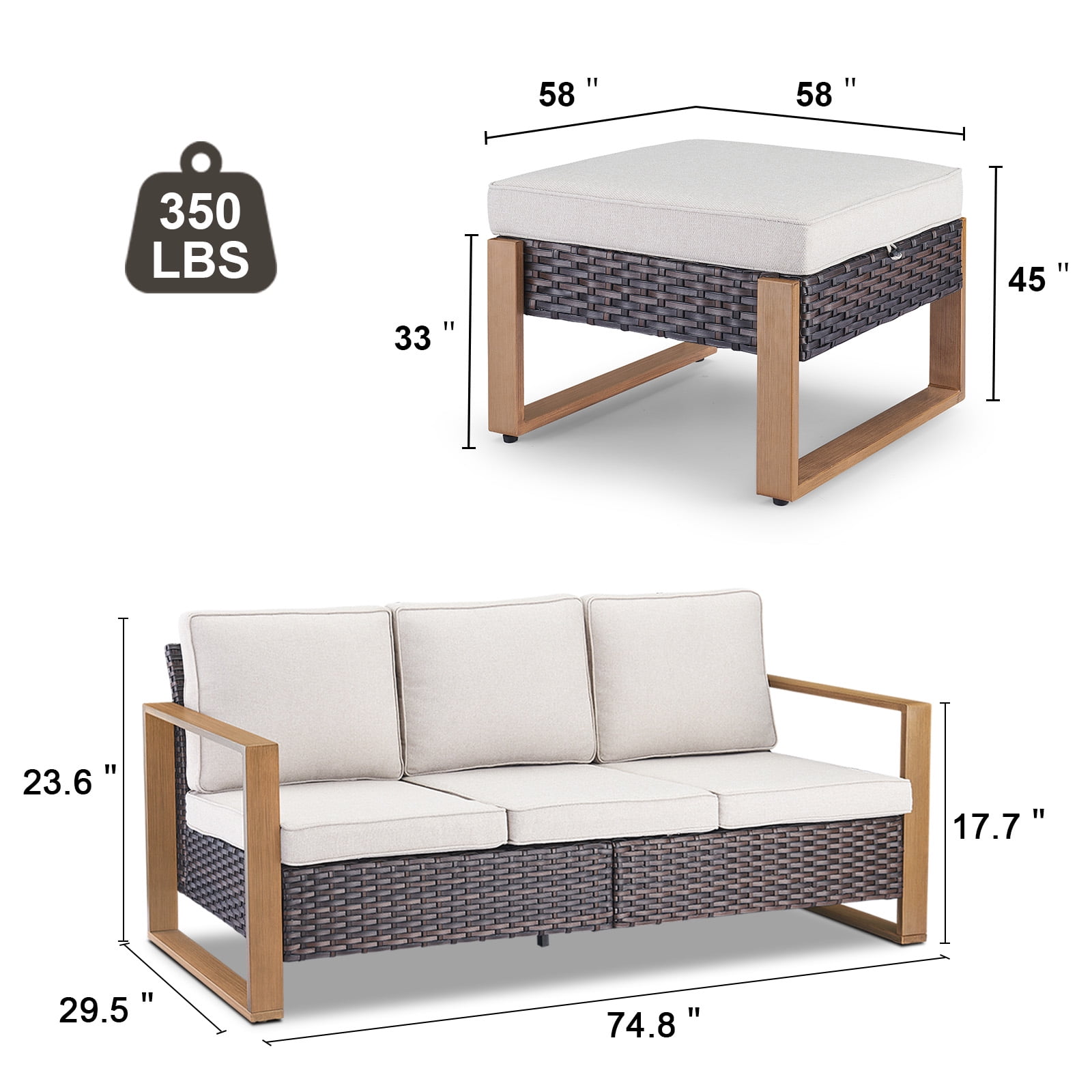 POCASSY 75" Wide Outdoor Sofa Outdoor Furniture Sets, All-Weather Brown Wicker Rattan Outdoor Couch with Ottomans and Cushions for Garden Backyard Poolside, Beige