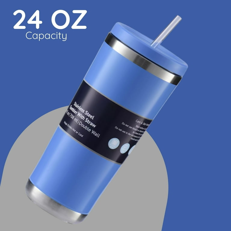 Blue Insulated Metal Tumbler with Straw 24 oz 1 Pack, Double Walled Stainless Steel Sports Tumbler, Travel Cup for Coffee Smoothie Juice Water Tea