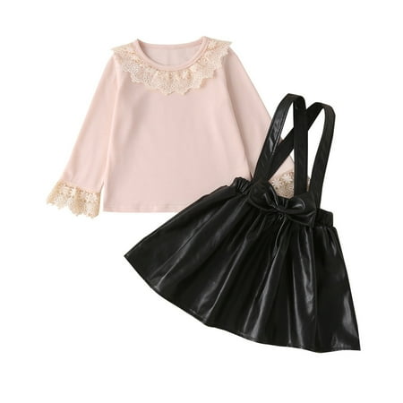 

Toddler Girls Outfits Autumn Winter Long Sleeve Ruffle Tops Leather Skirts Suspender Dress Clothing Kids Children Spring Summer Casual Cute Cartoon Fashion Outwear Streetwear Sets