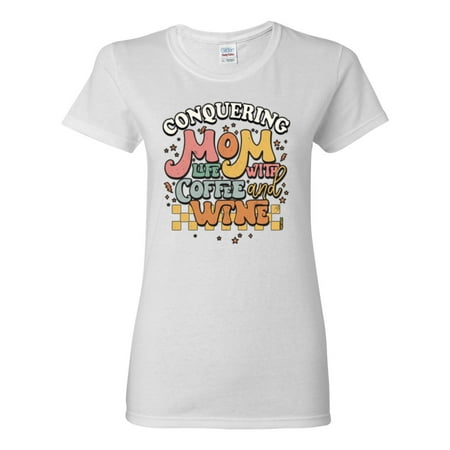 Wild Bobby Conquering Mom Life With Coffee and Wine Checkered Background Stars Humor Women Graphic Tee  White  3X-Large