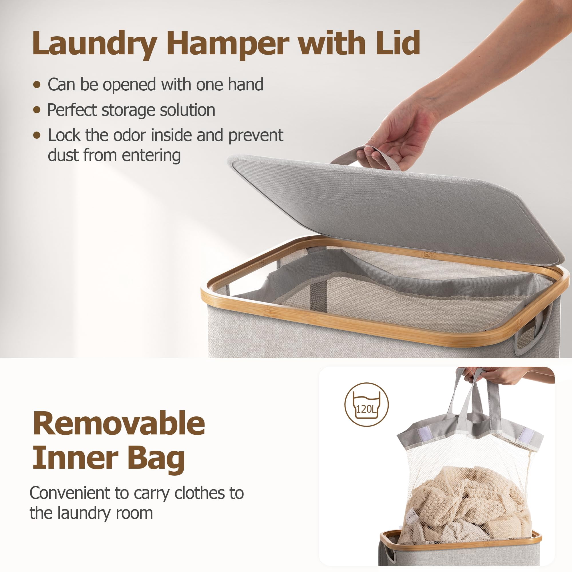 HBlife 120L Slim Laundry Hamper with Lid and Removable Inner Bag,Lightgrey